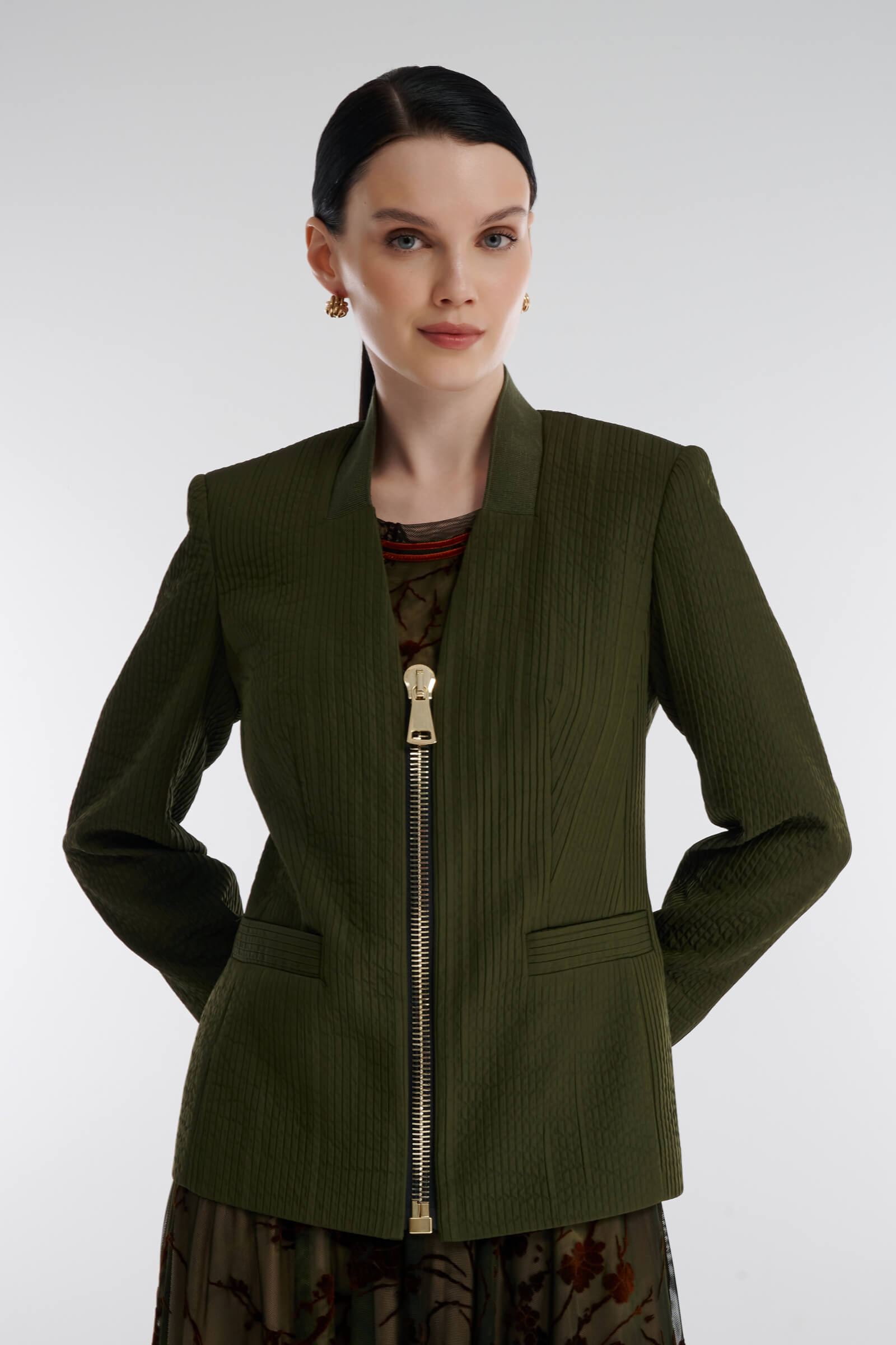 Фактурный жакет на молнии цвета Зеленый 