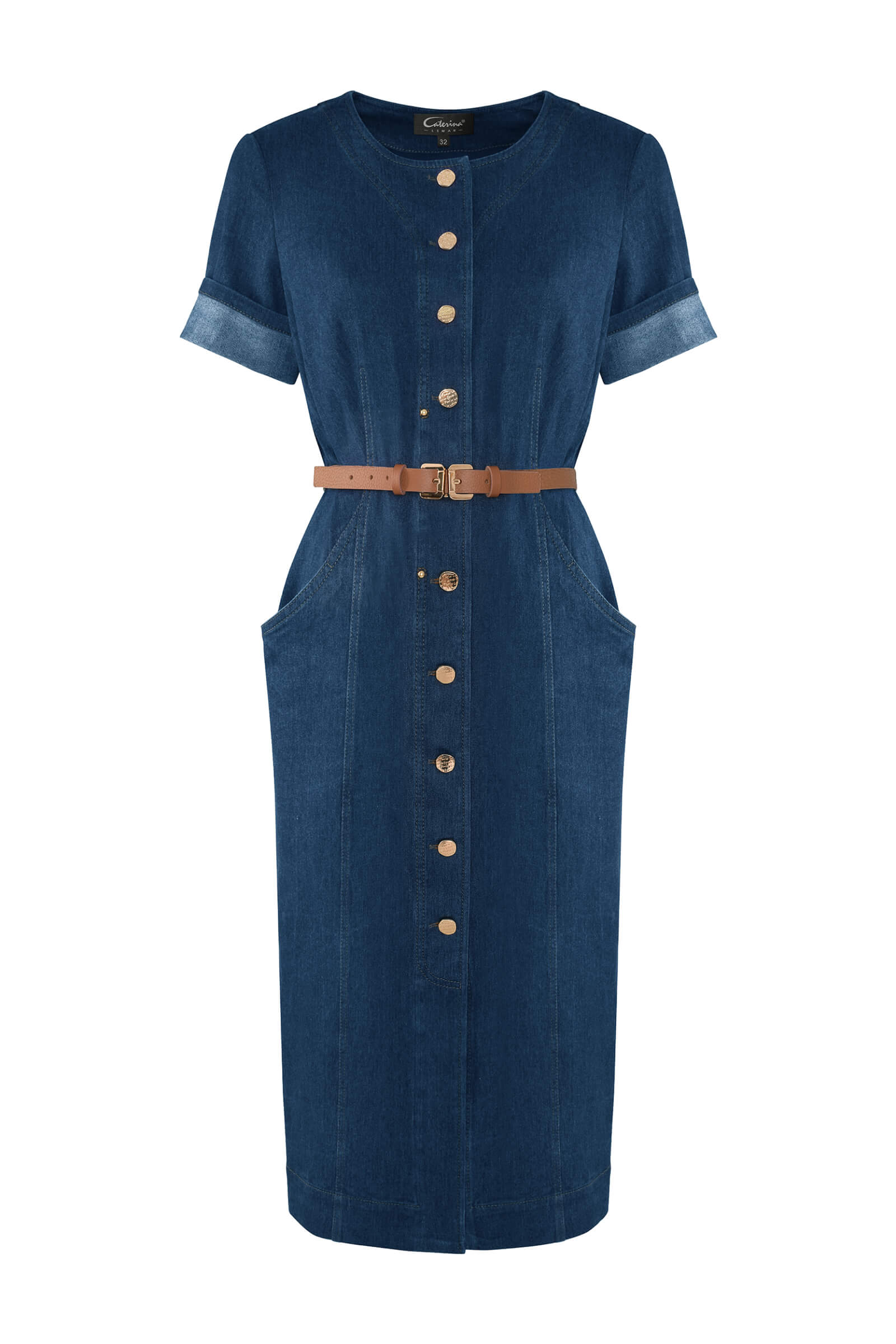 Платье миди из денима с поясом цвета Синий 