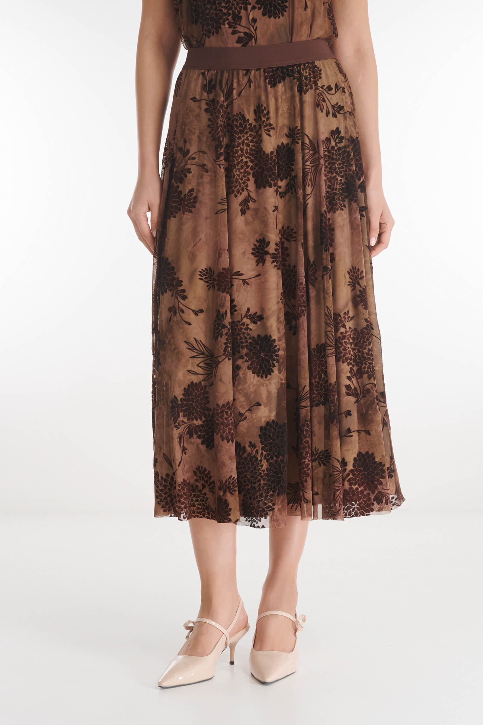Расклешенная юбка с бархатным цветочным узором цвета Коричневый 