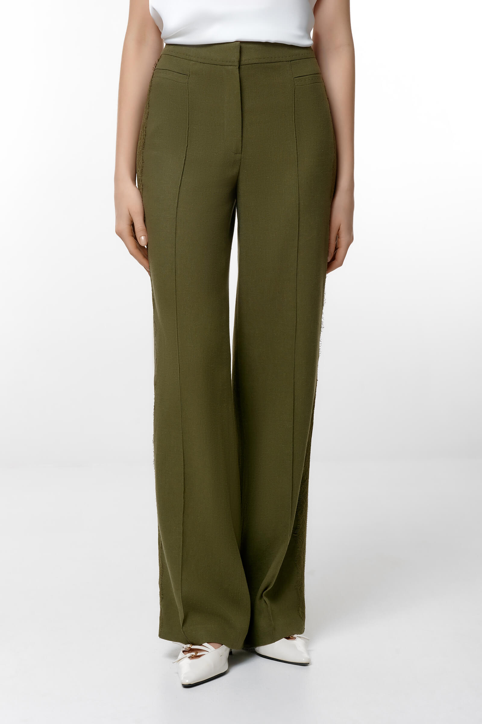 Брюки из вискозы и льна цвета Зеленый 