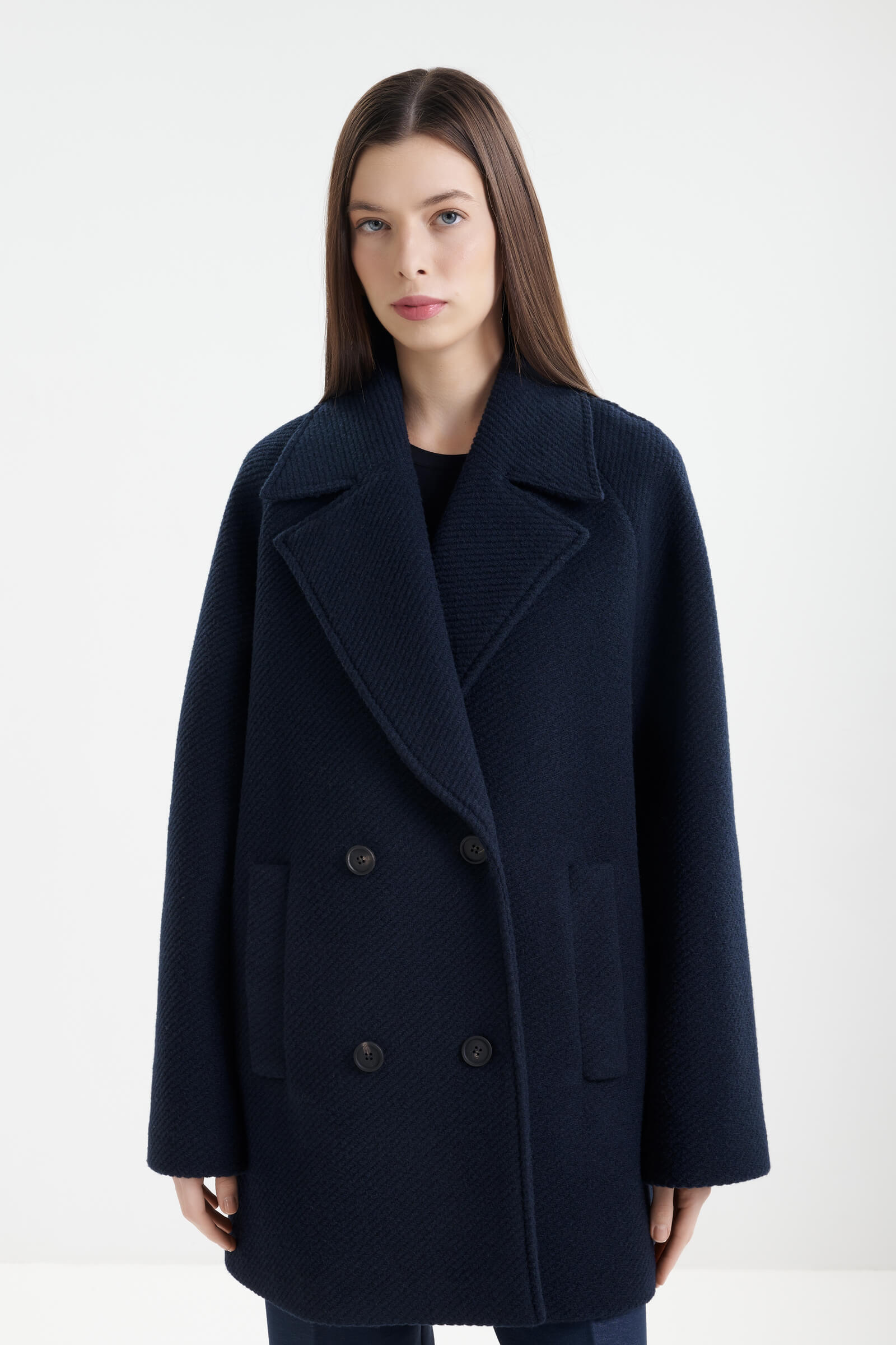 Двубортное пальто с добавлением шерсти цвета Синий 