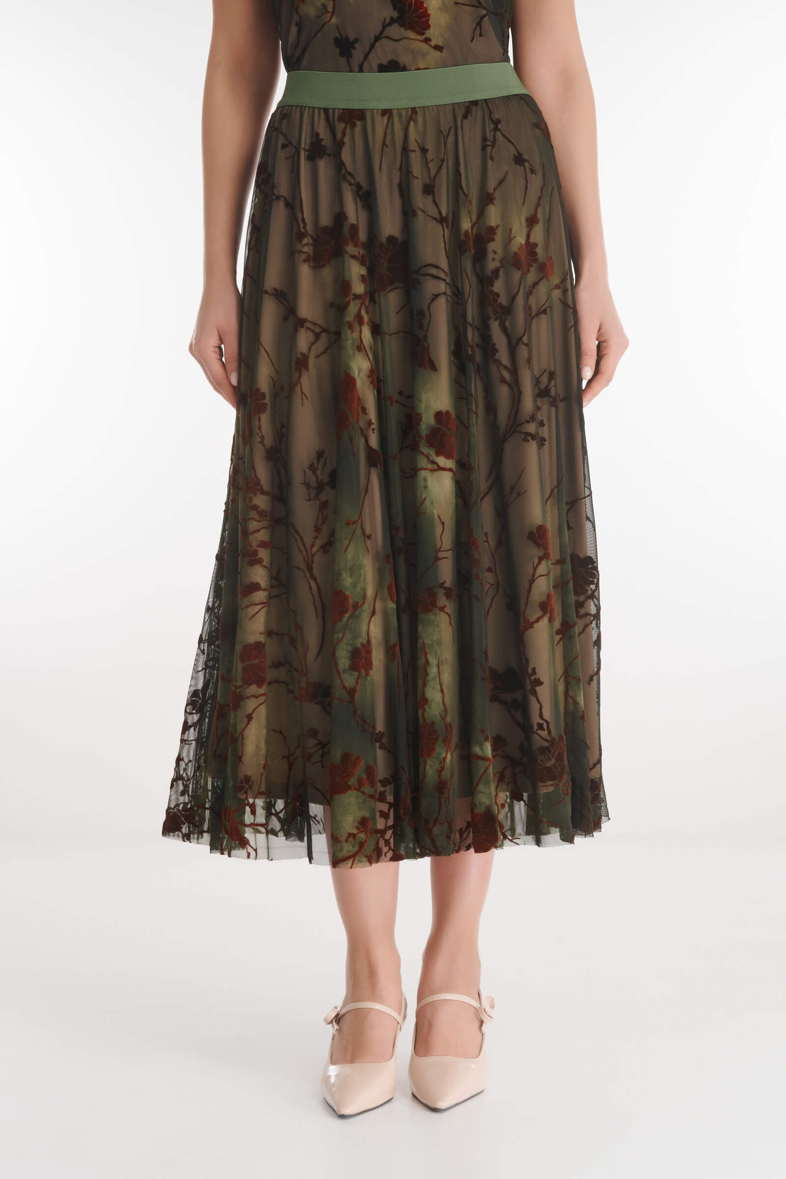 Расклешенная юбка с бархатным цветочным узором цвета Зеленый 
