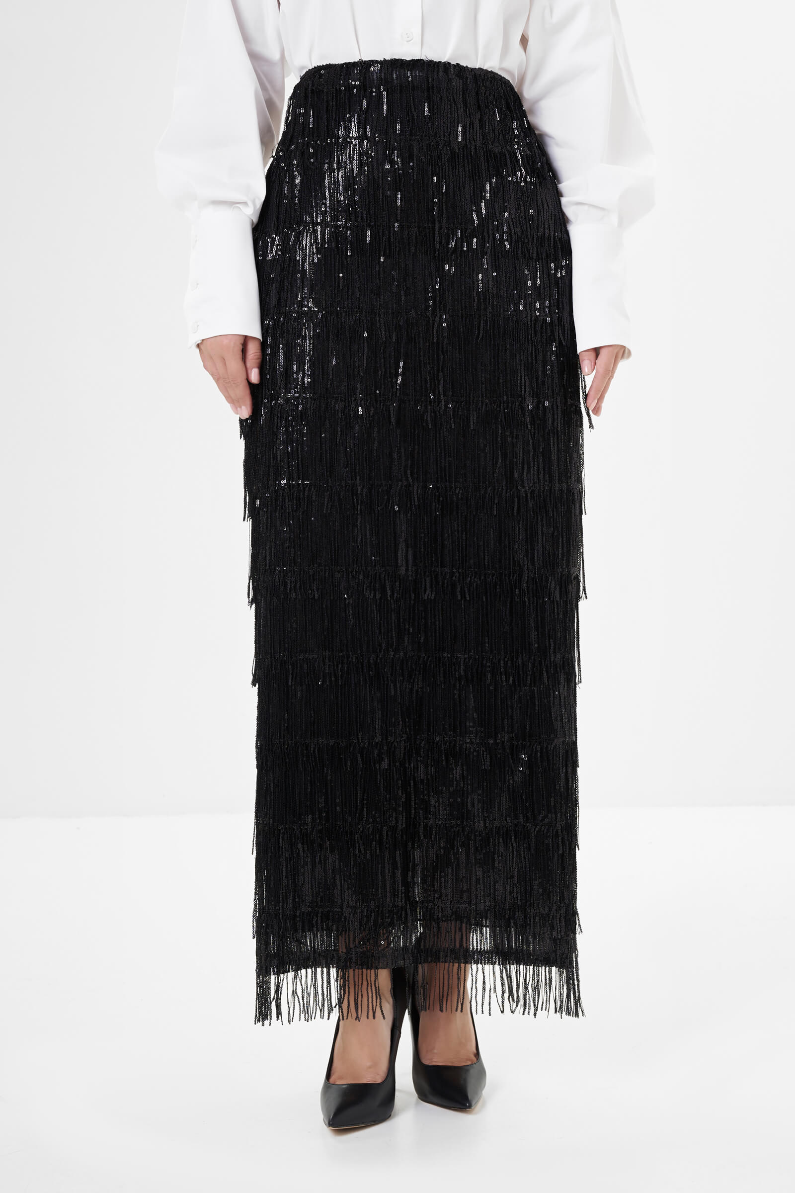Юбка макси с бахромой из пайеток цвета Черный 