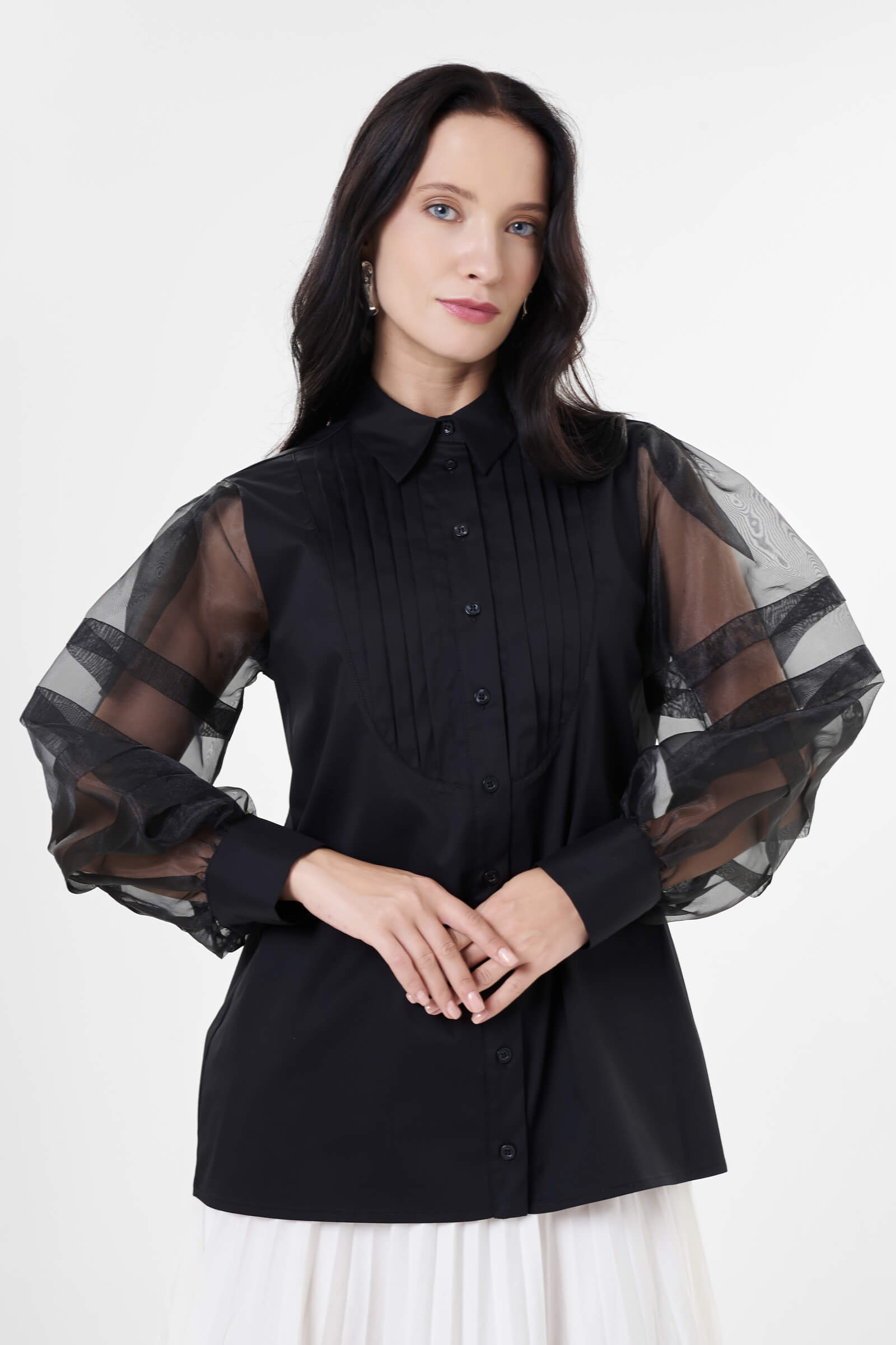 Хлопковая рубашка с прозрачными рукавами цвета Черный 