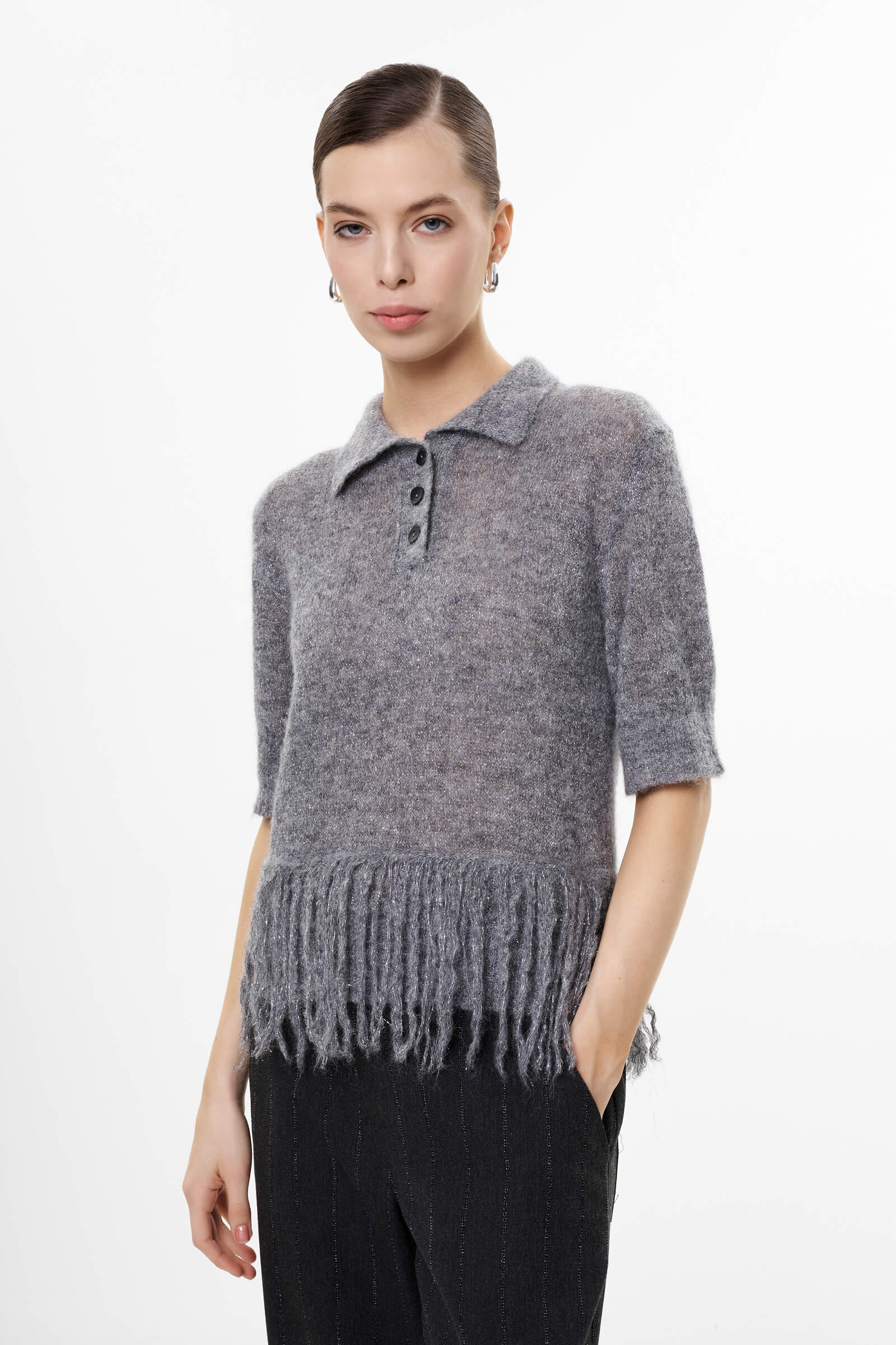 Джемпер из шерсти альпаки с бахромой цвета Серый 