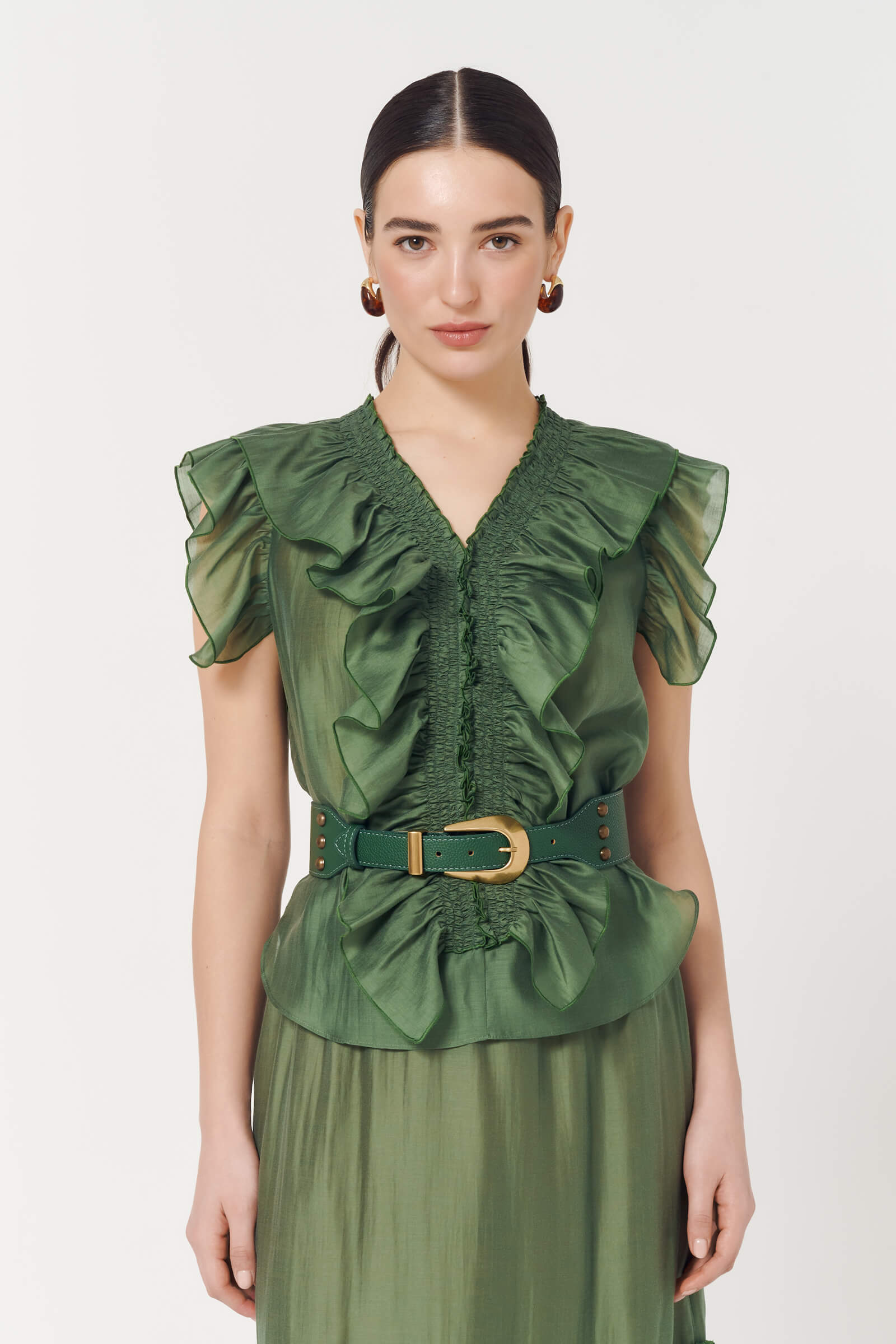 Топ с воланами и ремнем цвета Зеленый 